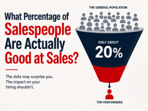 Infographic titled “What Percentage of Salespeople Are Actually Good at Sales?” showing a hiring funnel from the general population to top performers, highlighting that only about 20% of people are naturally suited for high-performance sales roles.