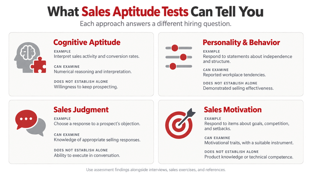 Infographic comparing four sales aptitude test types—cognitive aptitude, personality and behavior, sales judgment, and sales motivation—and what each can and cannot reveal about candidates.