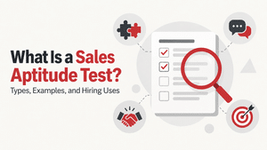 Sales aptitude test report with a magnifying glass and icons representing reasoning, behavior, selling skills, and motivation.