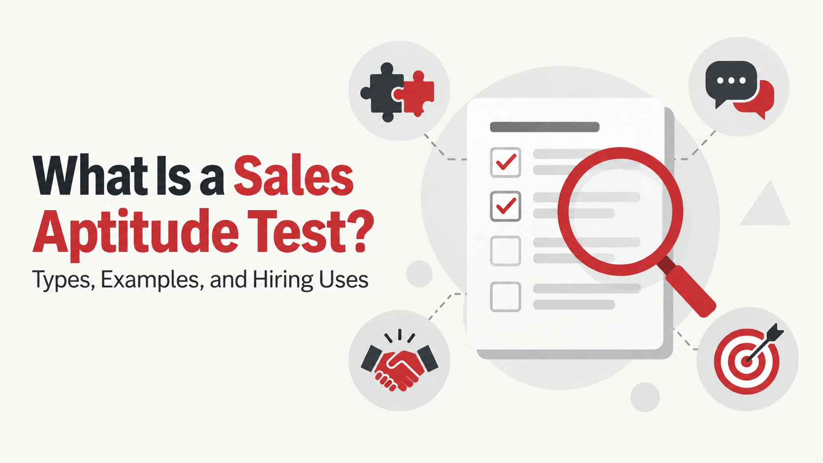 Sales aptitude test report with a magnifying glass and icons representing reasoning, behavior, selling skills, and motivation.
