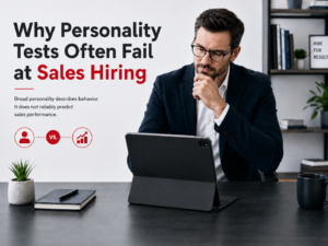 Hiring manager reviewing candidate results with the message that broad personality tests do not reliably predict sales performance.