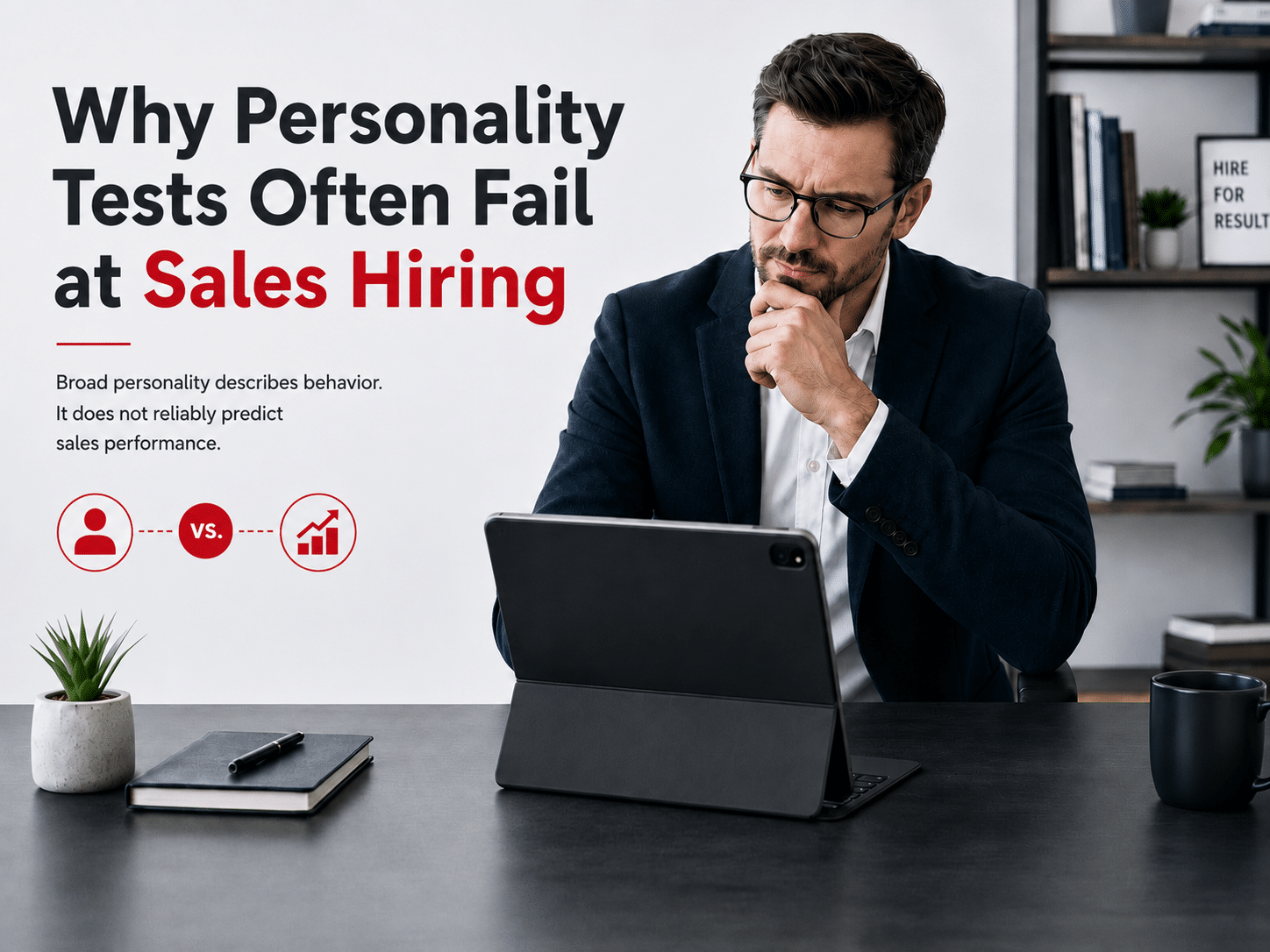 Hiring manager reviewing candidate results with the message that broad personality tests do not reliably predict sales performance.
