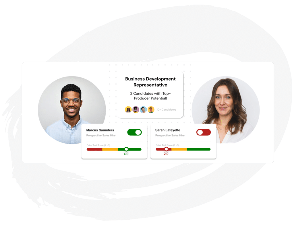 Two business development candidates with sales assessment test scores