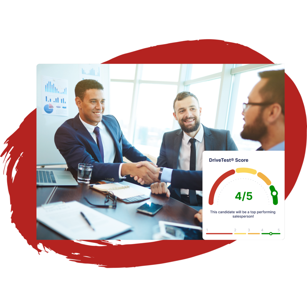 Two people handshaking in a business meeting. The image shows the sales assessment test score indicating a top performing salesperson