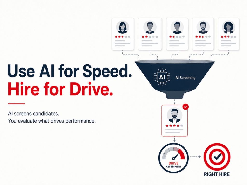 AI in sales hiring graphic showing AI screening candidates before a Drive assessment helps identify the right sales hire.
