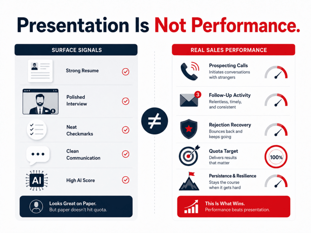 Presentation is not performance graphic comparing surface hiring signals with real sales behaviors like prospecting, follow-up, rejection recovery, and quota achievement.