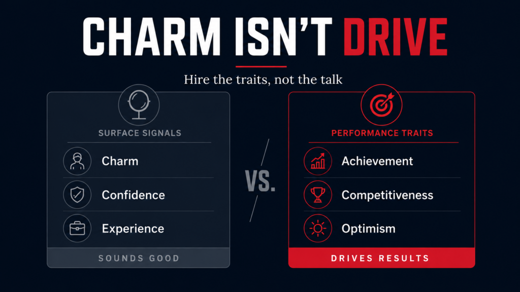 Graphic showing why charm isn’t Drive in sales hiring, comparing interview polish with the performance traits achievement, competitiveness, and optimism.