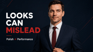 Professional blog graphic showing a confident salesman in a suit beside the headline “Looks Can Mislead” and the subtext “Polish ≠ Performance,” illustrating that interview polish does not always predict sales performance.