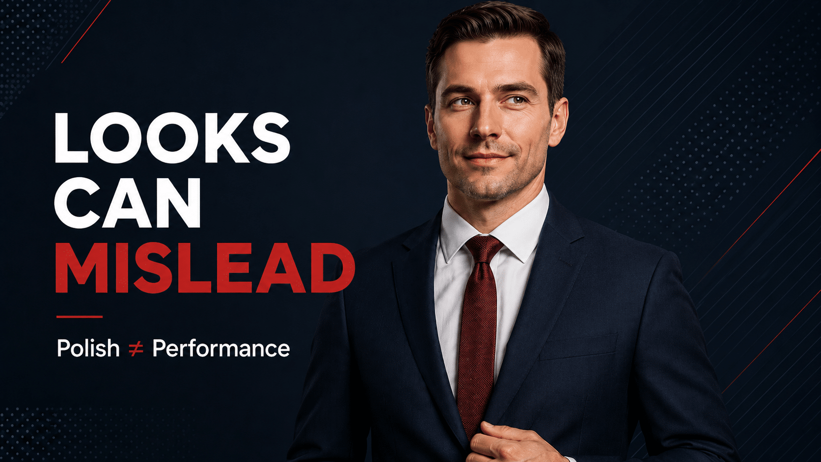 Professional blog graphic showing a confident salesman in a suit beside the headline “Looks Can Mislead” and the subtext “Polish ≠ Performance,” illustrating that interview polish does not always predict sales performance.