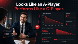 Graphic comparing a polished sales candidate with poor sales performance metrics, showing why resumes and strong interviews are not enough to predict sales hiring success.