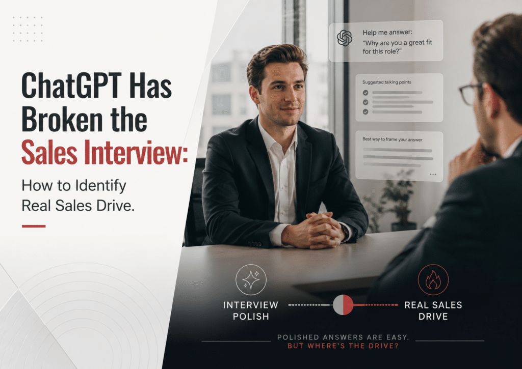 AI-assisted sales interview scene showing a polished candidate, ChatGPT prompt overlays, and a contrast between interview polish and real sales Drive, showing why hiring teams must look beyond polished answers to identify real sales Drive.