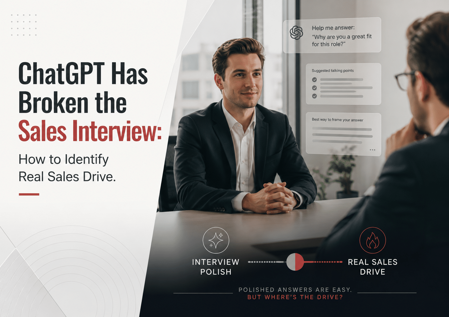 AI-assisted sales interview scene showing a polished candidate, ChatGPT prompt overlays, and a contrast between interview polish and real sales Drive, showing why hiring teams must look beyond polished answers to identify real sales Drive.