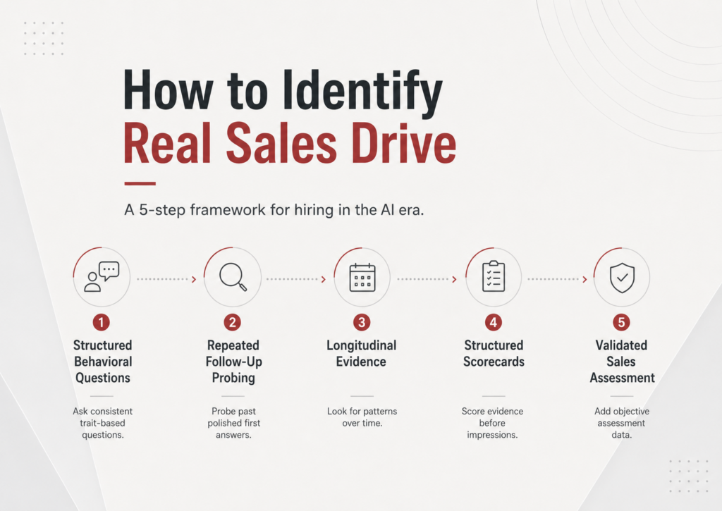 Five-step sales hiring framework for identifying real sales Drive in the AI era through behavioral questions, follow-up probing, evidence, scorecards, and sales assessment data.