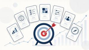 Illustration of Predictive Index alternatives for sales hiring, with assessment cards surrounding a bullseye and rising performance chart.