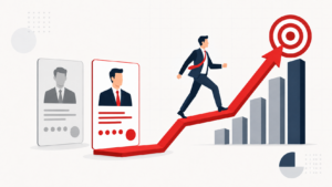 High-Drive sales candidate advancing beyond résumés toward a rising revenue chart, illustrating how to hire salespeople who produce revenue.