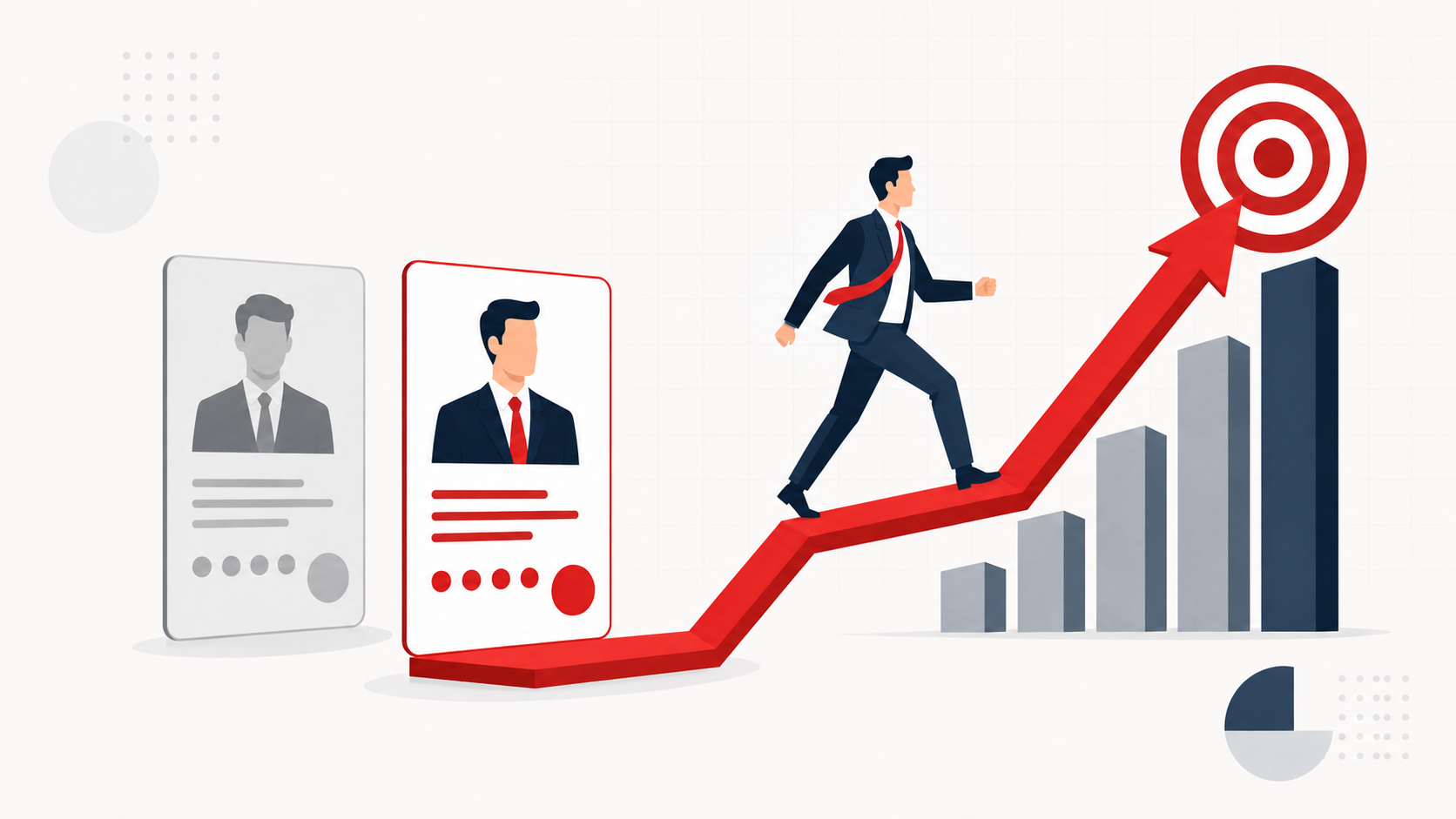 High-Drive sales candidate advancing beyond résumés toward a rising revenue chart, illustrating how to hire salespeople who produce revenue.