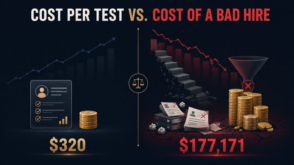 Infographic comparing a $320 sales assessment with the $177,171 cost of a bad sales hire, illustrated with candidate reports and financial losses.