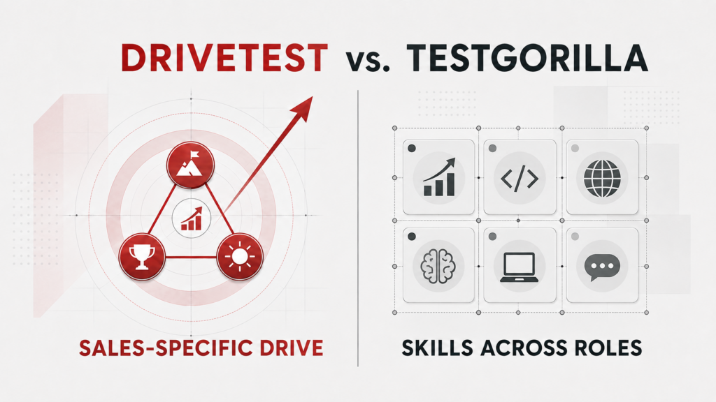 The DriveTest vs. TestGorilla assessment comparison showing sales-specific Drive measurement versus skills testing across multiple job roles.