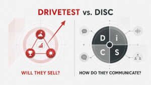 DriveTest vs. DiSC comparison graphic showing behavioral communication style versus sales-specific Drive traits for sales hiring.