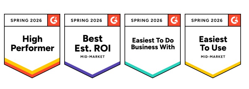 G2 badges showing SalesDrive as a high performer, best est. ROI for mid-markets, easiest to do business with and easiest to use awards