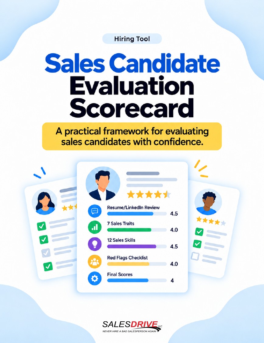SalesDrive Sales Candidate Evaluation Scorecard hiring tool showing candidate profiles and ratings for résumé review, seven sales traits, twelve sales skills, red flags, and a final score.