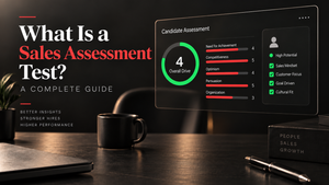 Sales assessment test guide showing a candidate assessment dashboard with Overall Drive score of 4, sales traits including Need for Achievement, Competitiveness, Optimism, Persuasion, and Organization, and the headline “What Is a Sales Assessment Test? A Complete Guide.”