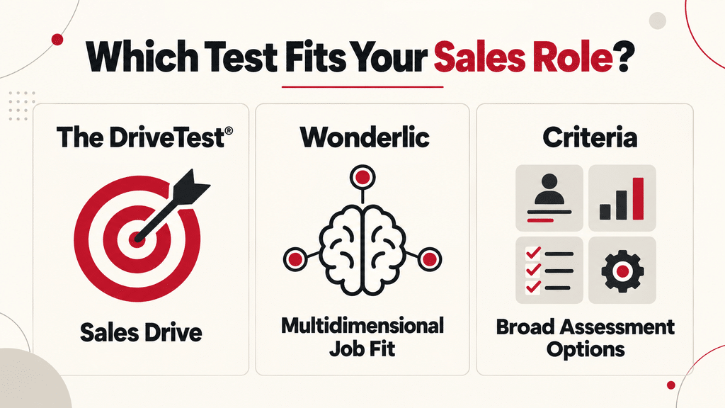 Sales hiring assessment comparison: The DriveTest measures sales Drive, Wonderlic evaluates multidimensional job fit, and Criteria offers broad assessment options.