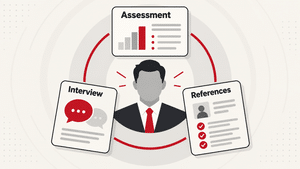 Sales candidate surrounded by assessment, interview, and reference cards, illustrating three sources of evidence for informed sales hiring decisions.