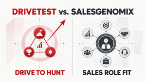 The DriveTest vs. SalesGenomix: red achievement, trophy, and optimism icons represent Drive to hunt, while gray sales-role icons represent sales role fit.